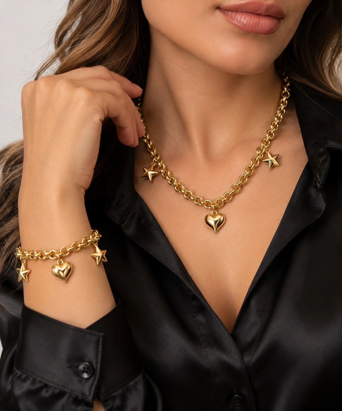 14 Ayar Altın Kalp Yıldızlı Güverse Model Gerdanlık ve Bileklik Set