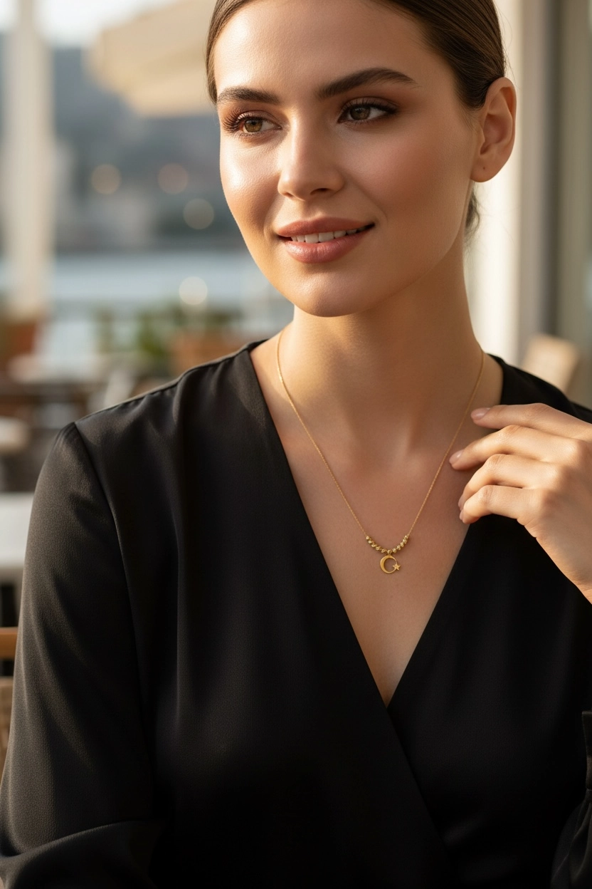 Altın Dorika Toplu Ay Yıldız Model Kolye Ucu ve Zinciri-İstanbul Aynı Gün Teslimat