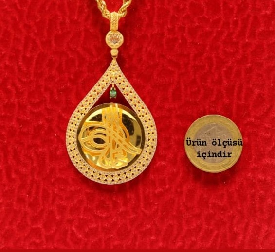 Altın Damla Tuğralı Kolye Ucu ve Halat Zincir 3747