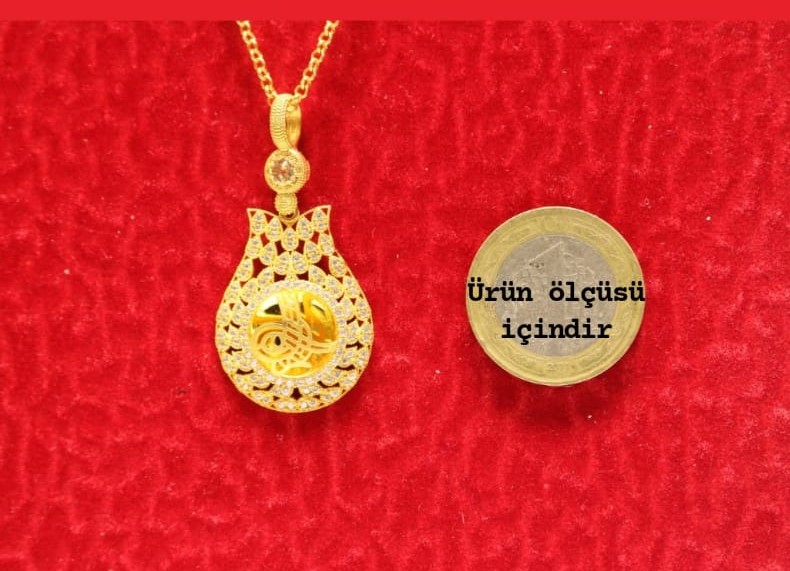 Altın Lale Tuğralı Kolye  Ucu ve Halat Zincir 3755