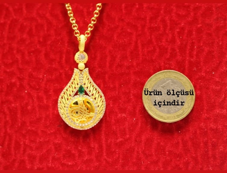 Altın Damla Tuğralı Kolye  Ucu ve Halat Zincir 3756