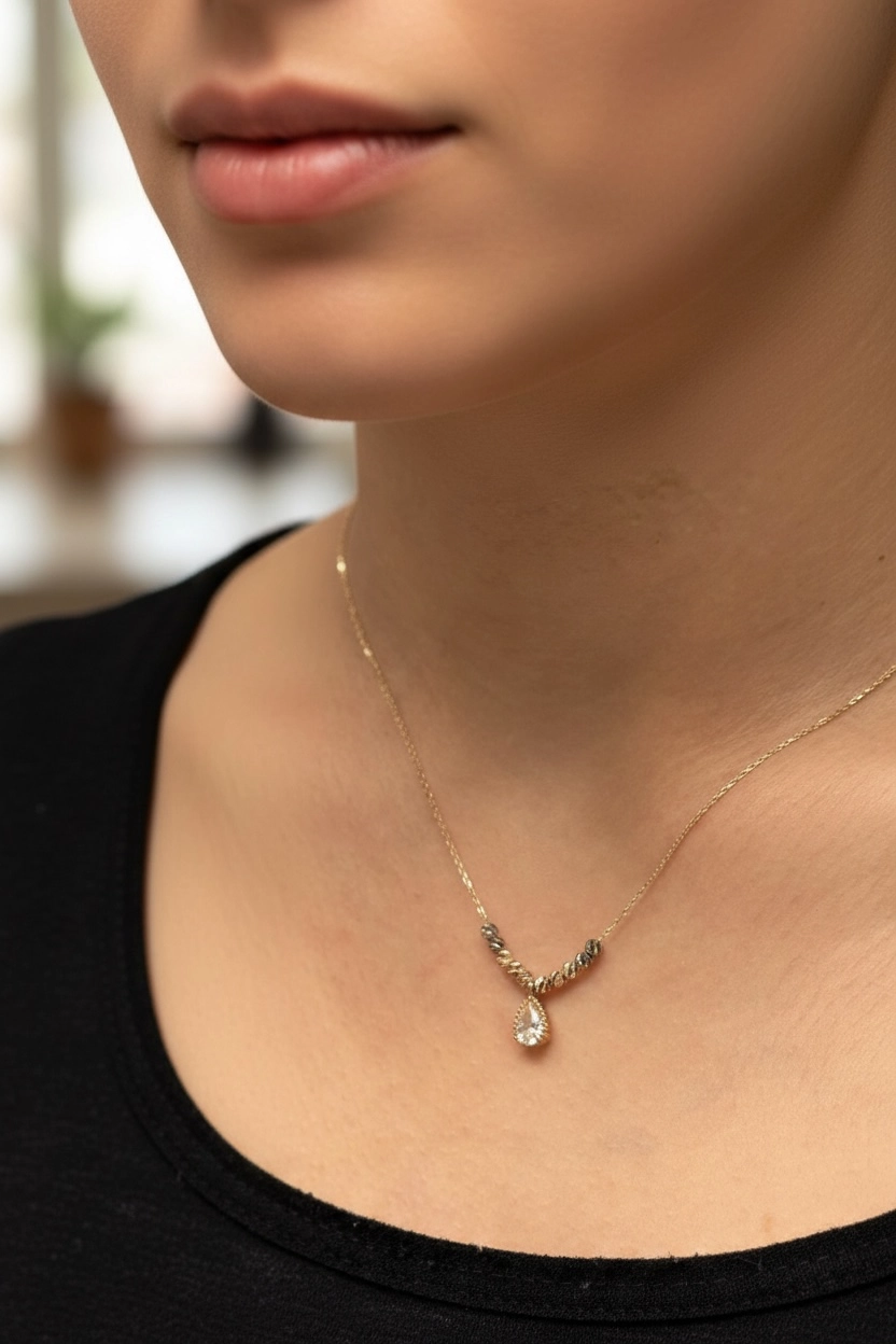 Altın Dorika Toplu Damla Model Kolye Ucu ve Zincir-İstanbul Aynı Gün Teslimat