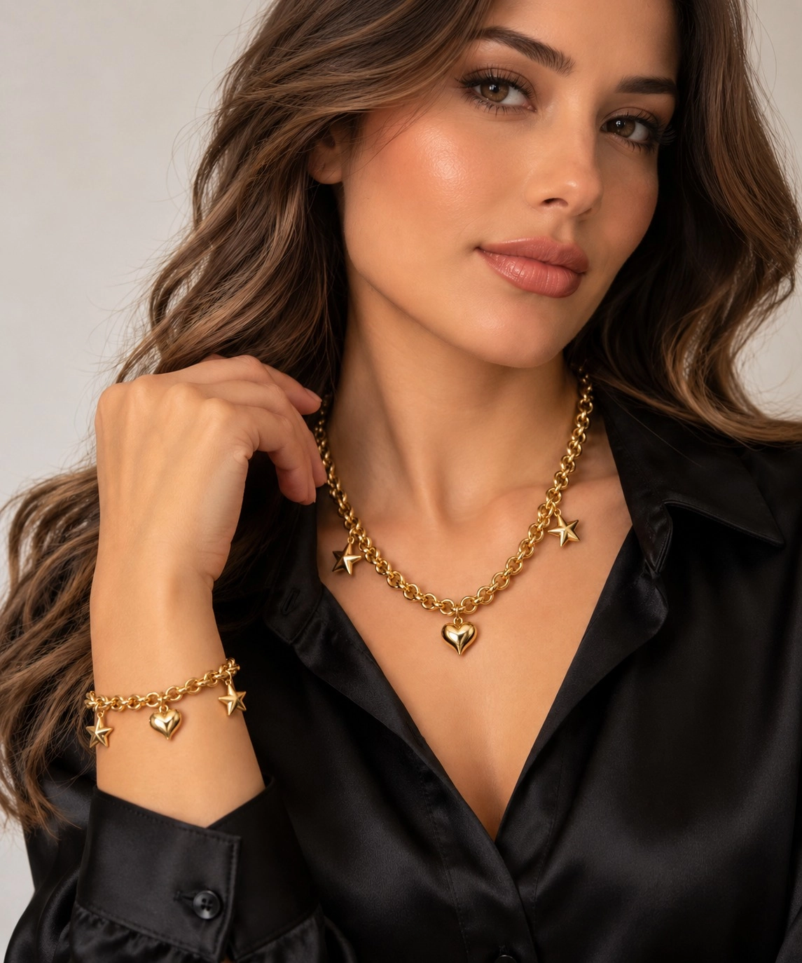 14 Ayar Altın Kalp Yıldızlı Güverse Model Gerdanlık ve Bileklik Set