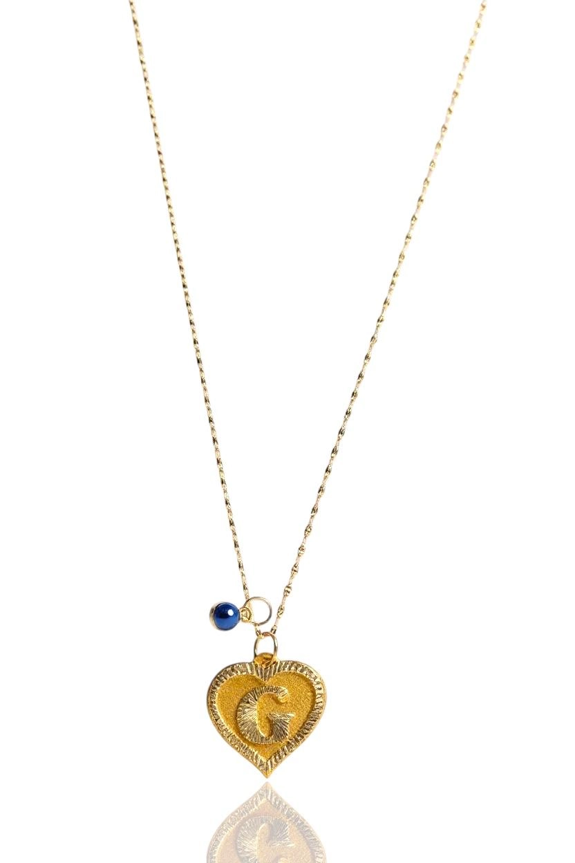 14 Ayar Altın Aynalı Zincirli Nazar Boncuklu Kalp Harf Kolye – Kişiye Özel-İStanbul Aynı Gün Teslimat