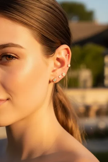 14 Ayar Altın Üçlü Tria Taş Tragus Küpe(25114-T005)