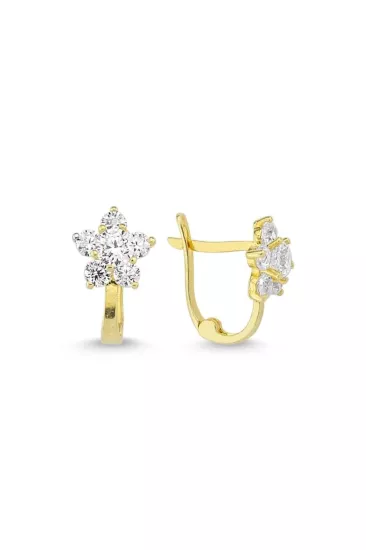  14 Ayar Altın Papatya Taşlı Çocuk Küpesi-İstanbul Aynı Gün Teslimat