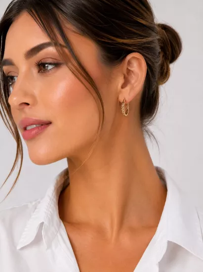 14 Ayar Altın Çift Sıra Burma Model Halka Küpe
