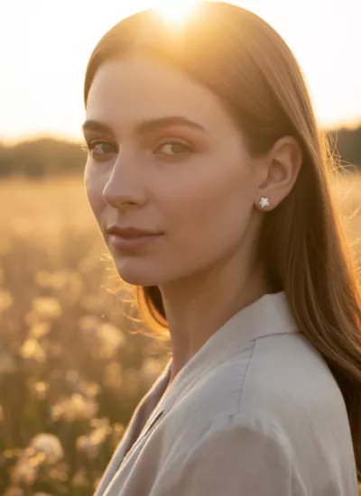 Beyaz Altın Yıldız Model Baget Taşlı Vidalı Küpe