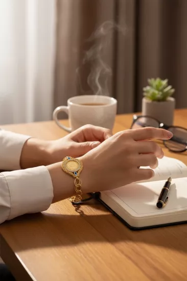 22 Ayar Yeni Tarih Çeyrek Altınlı Altın Kaplama Samanyolu Model Bileklik – Nazar Boncuk Detaylı