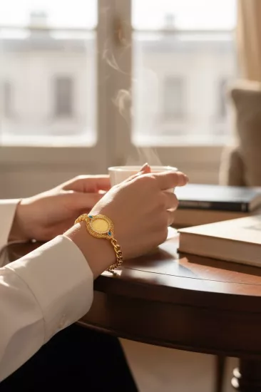 22 Ayar Yeni Tarih Çeyrek Altınlı Altın Kaplama Gurmet Model Bileklik – Nazar Boncuk Detaylı