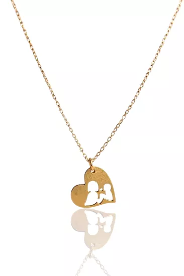 14 Ayar Altın Anne Bebek Figürlü Kalp Kolye Ucu ve Zincir