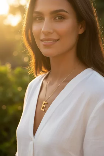 14 Ayar Altın “E” Harf Kolye Ucu ve Forse Zincir