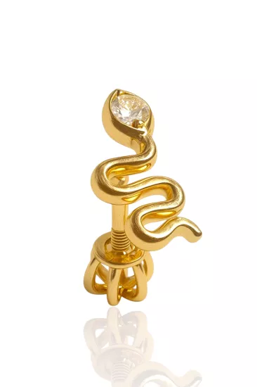 14 Ayar Altın Yılan Model Taşlı Vidalı Tragus Küpe 