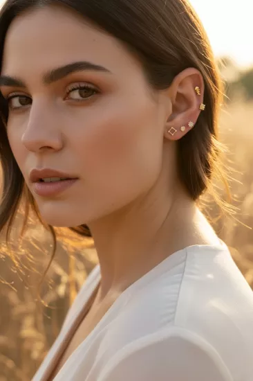 14 Ayar Altın Kare Taşlı Vidalı Tragus Küpe
