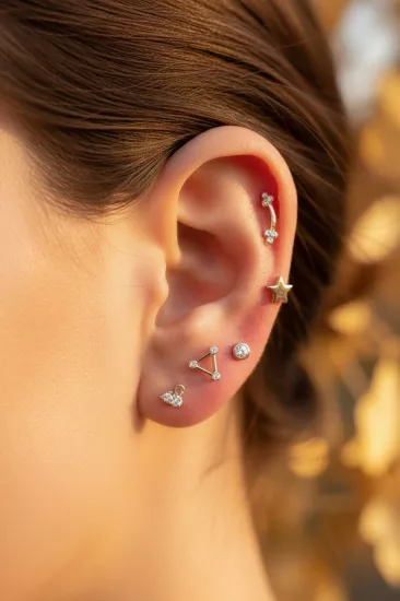 14 Ayar Altın Çengel Model Taşlı Vidalı Tragus Küpe