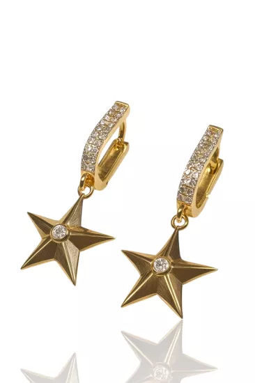  14 Ayar Altın Taşlı Yıldız Model Halka Küpe