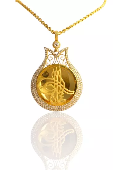 14 Ayar Altın Halat Zincirli Lale Model Tuğra Kolye Ucu