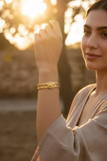 Altın Tuğralı Örgü Model Burma Kelepçe Bilezik