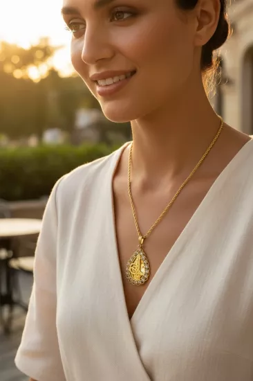  Altın Tuğralı Damla Model Kolye Uçlu Halat Zincir