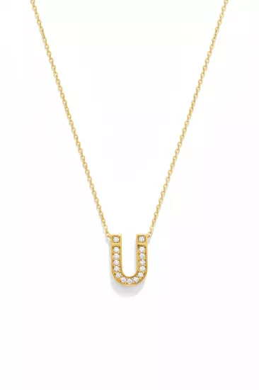 14 Ayar Altın Taşlı Üç Boyutlu Ü Harfli Zincir